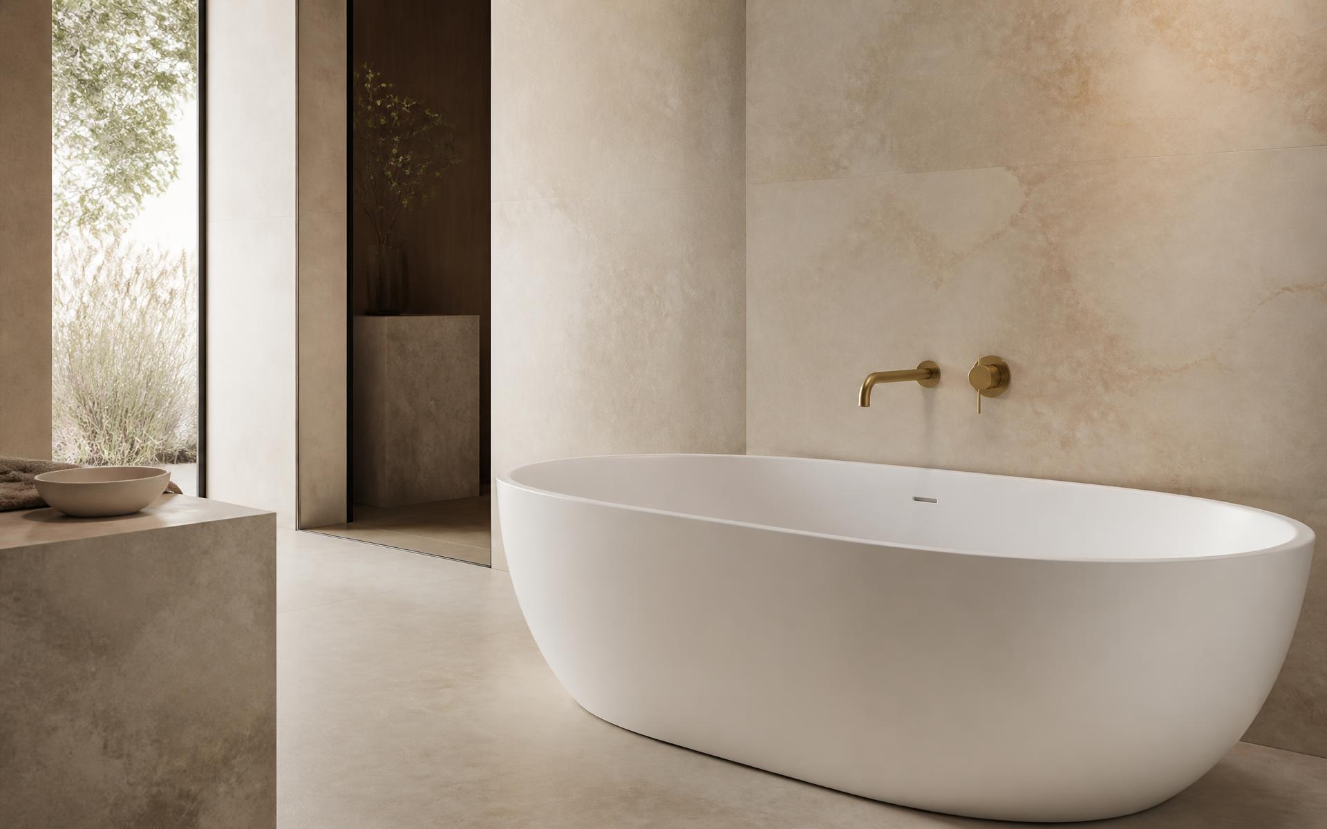 Luxury bathroom interior with a freestanding ceramic bathtub and wall-mounted faucet